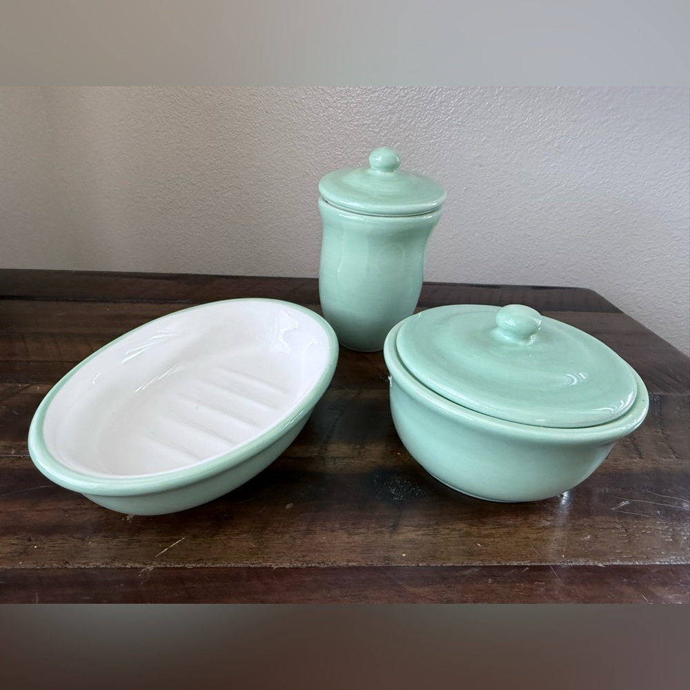 Pottery Barn Set of Bathroom Vanity Accessories Containers Celadon Jadeite Mint - Picture 1 of 9